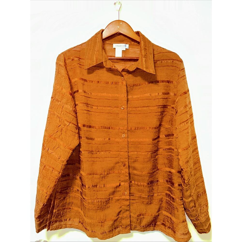 Coldwater Creek Women’s Large Rust Orange Striped Organza Button Up Blouse